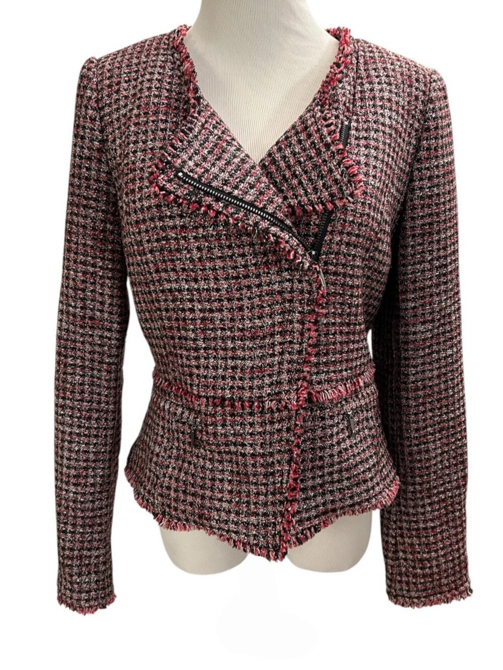 White House Black Market Sz 4 Red Tweed Fringe Asymmetric Zip Moto Jacket Blazer